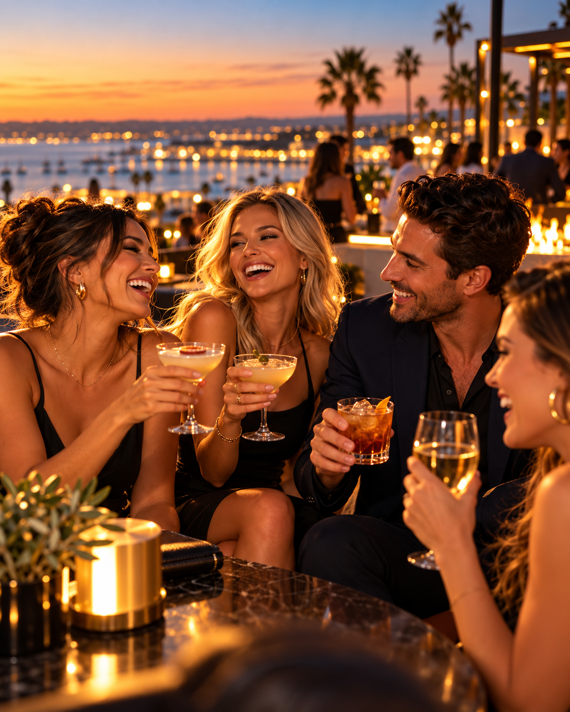Friends enjoying an Orange County rooftop evening